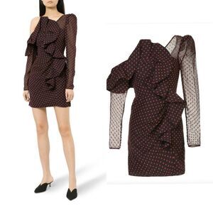 NWT Self-Portrait Plumetis One Shoulder Polka Dot Ruffled Mini Dress